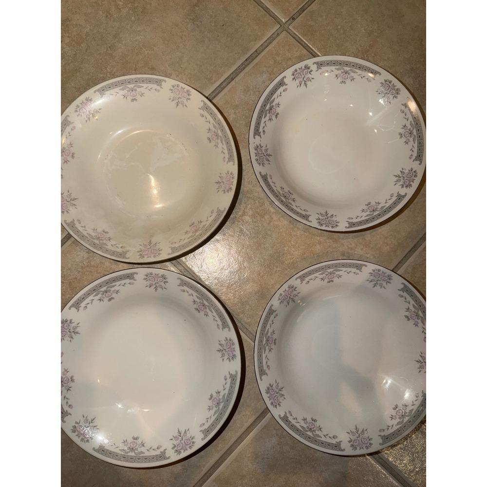 Dynasty Soup Bowls Fine China Floral Pink Rose Set of 4 Rimmed Vintage Dinner